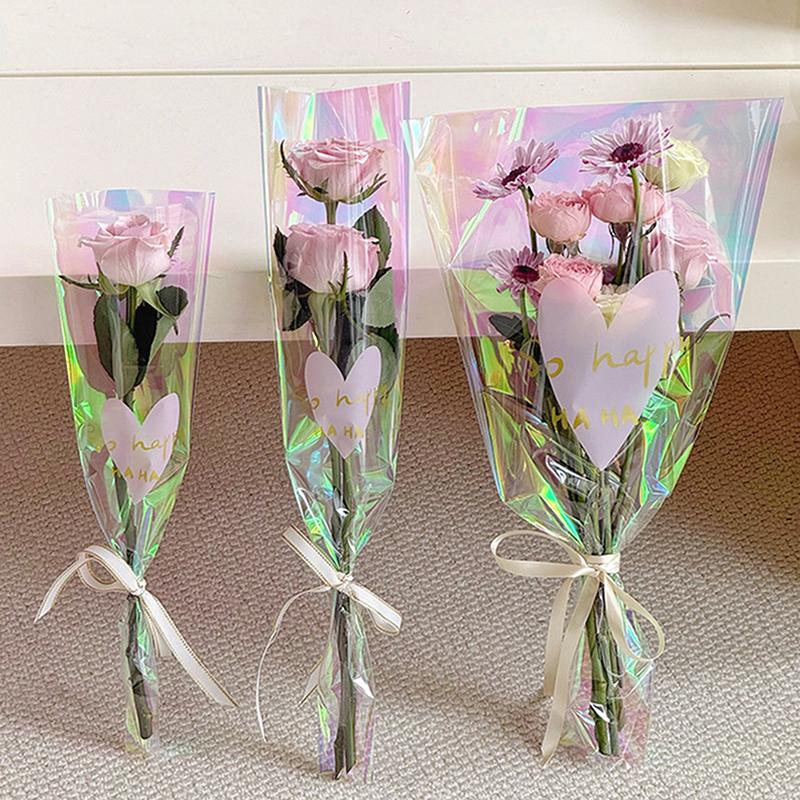 30PCS Love Heart Iridescent Single Rose Sleeves DIY Transparent Flower Wrapping Bag Floral Material Packaging Waterproof