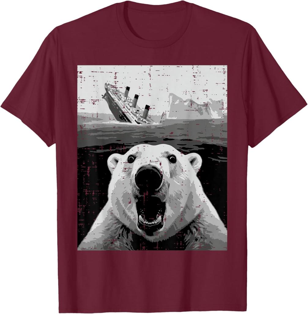 Polar Bear Sinking Titanic Meme Graphic Tee Funny Casual Short Sleeve TShirt for Men Women