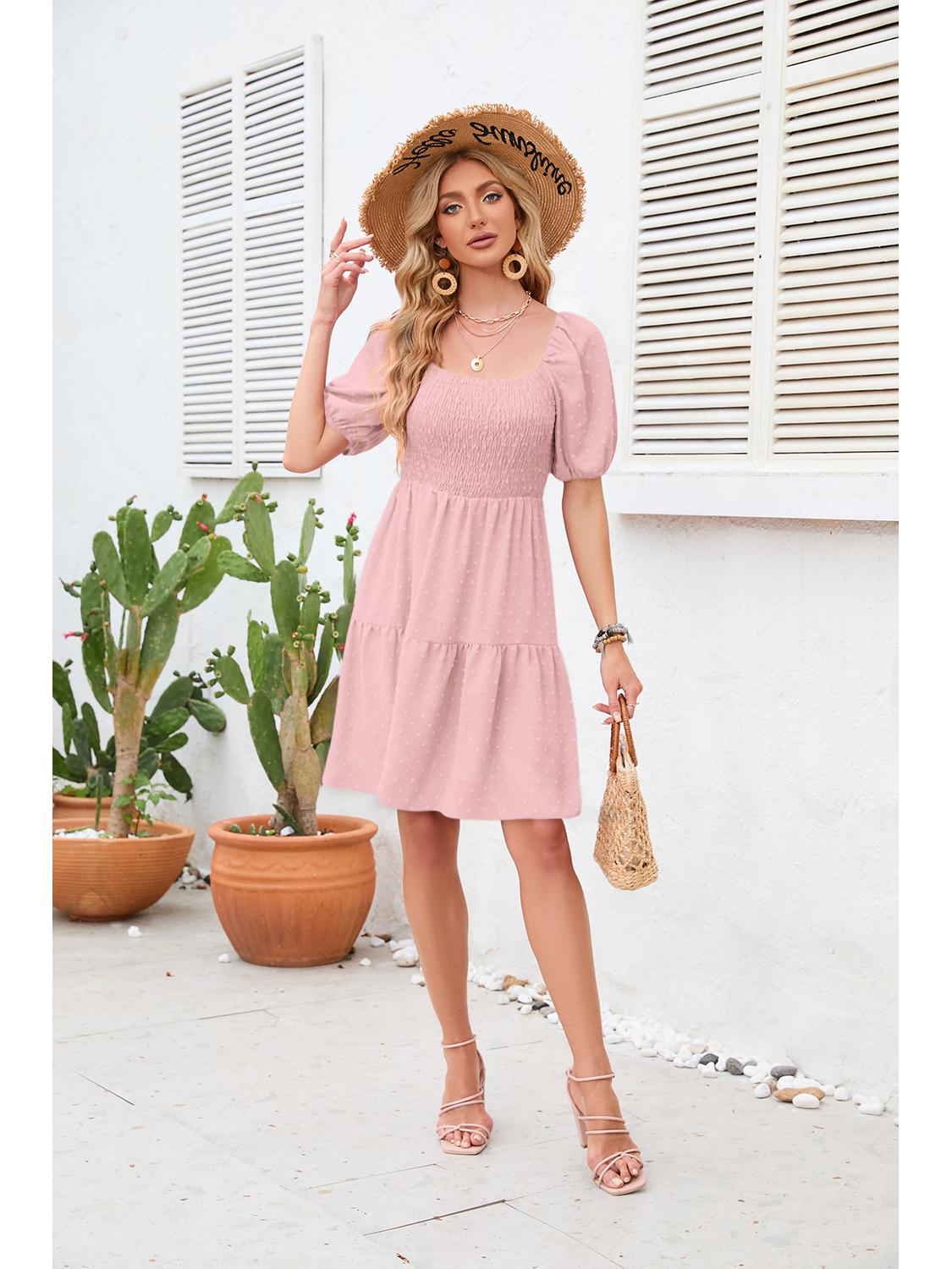 

New Square Neck Ruched Mini Dress with Pom-poms - European & American Summer Style Large рожевий