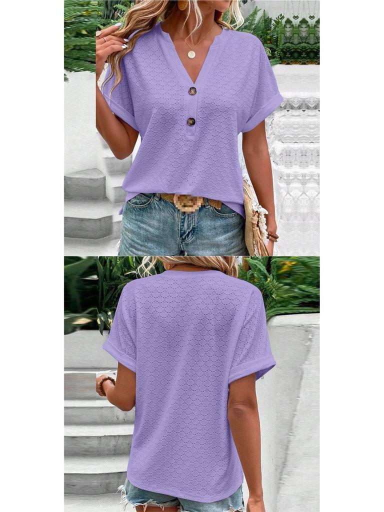 Spring/Summer 2026 Women's Casual V-Neck Button T-Shirt - Sweet Short Sleeve, Solid Color