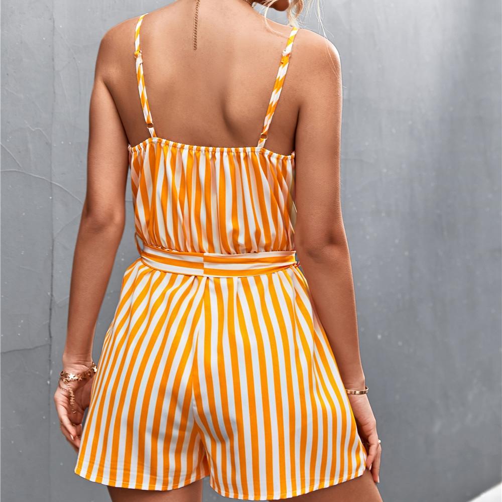 QICED Frauen Frühling Sommer Sexy V-ausschnitt Gestreiften Hosenträger Overall Frauen