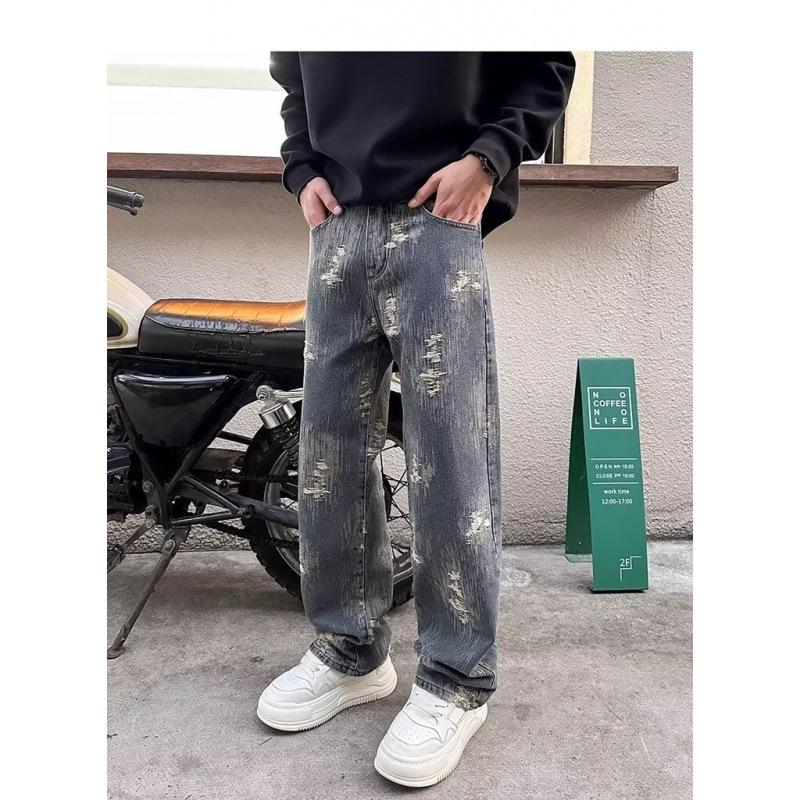 JYL Men s Straight Jeans American Ripped Spring Jacquard Wide-Leg Denim 3XL брансуик зеленый