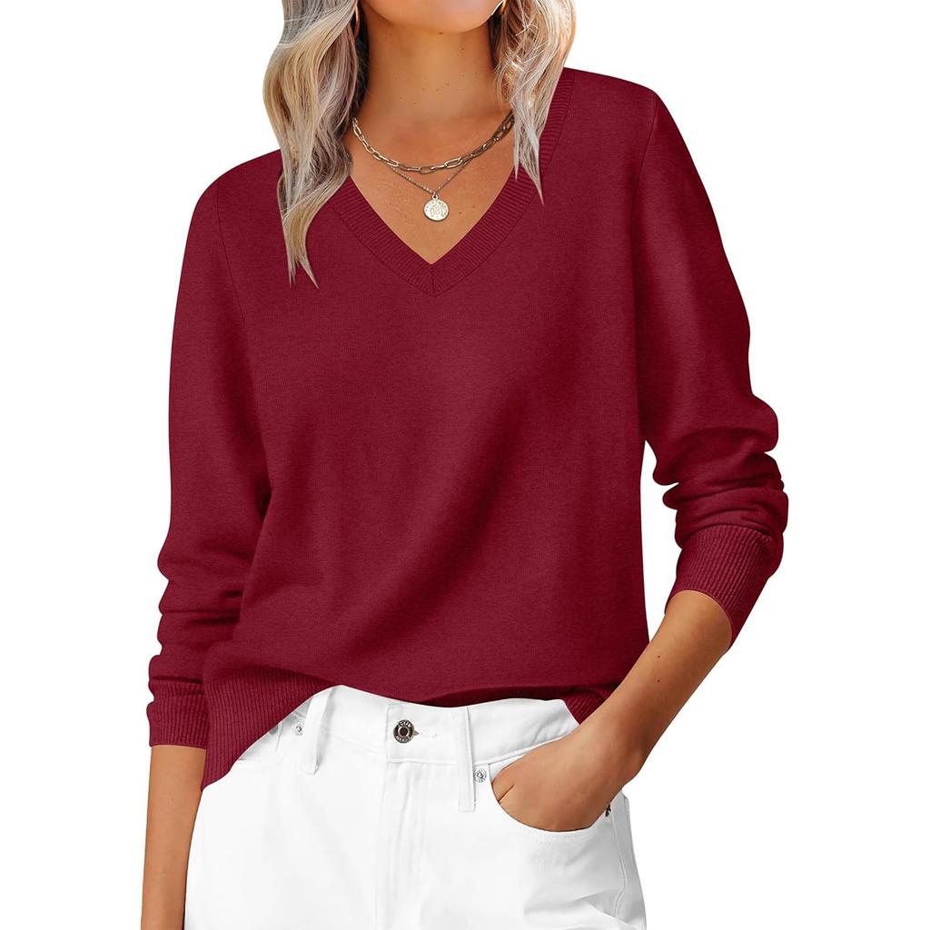 Women's Casual V-Neck Sweater Base Layer Knitted Long Sleeve Solid Color Top