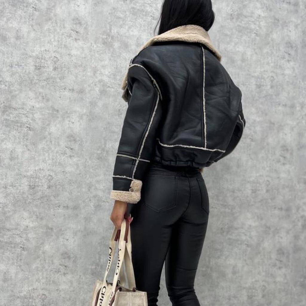 2025 European Autumn/Winter Lambswool Biker Style PU Leather Jacket for Women