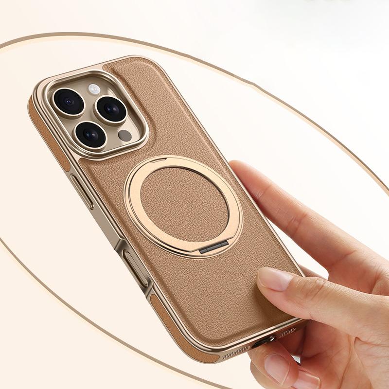 For Magsafe Magnetic 360 ° Rotating Metal Car Bracket Ring Solid Color Leather Phone Case For iPhone 16 Pro Max 14 13 15 Pro Max