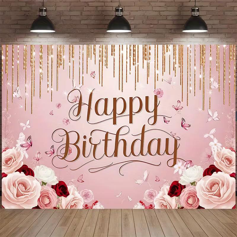 2D Romantic Pink Floral Birthday Backdrop Girls' & Adult Celebration Photo Background