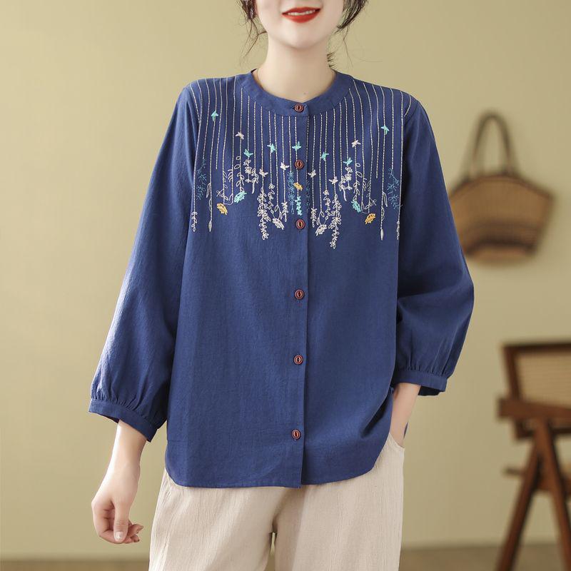 Spring Cotton Linen Plus Size Long Sleeve Embroidered Floral Top for Middle-Aged Women