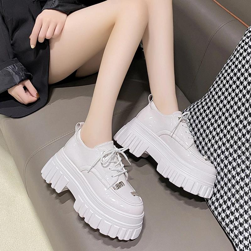 fashion British Style Chunky Platform Pumps Women 2024 Spring Autumn Lace Up Thick Heels Loafers Woman Round Toe Patent Leather Shoes