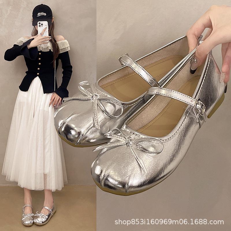 French silver flat ballet single shoes women 2025 new temperament bow fairy wind word belt Mary Jane shoes