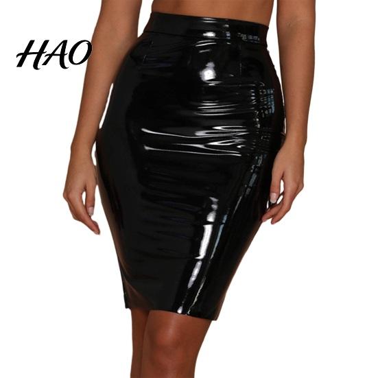 Slimming High Waist Skirt Women Club Faux Leather Skinny Sheath Zipper Closure Solid Knee Length Color Glossy Surface Slim Fit Lady Party Dating