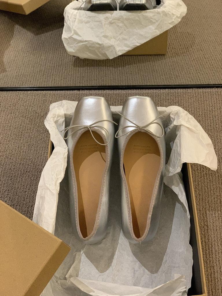 Small Silver Single Shoes Women's Shoes Spring and Autumn Platform Niche Bow Ballet Evening Ladyshoes