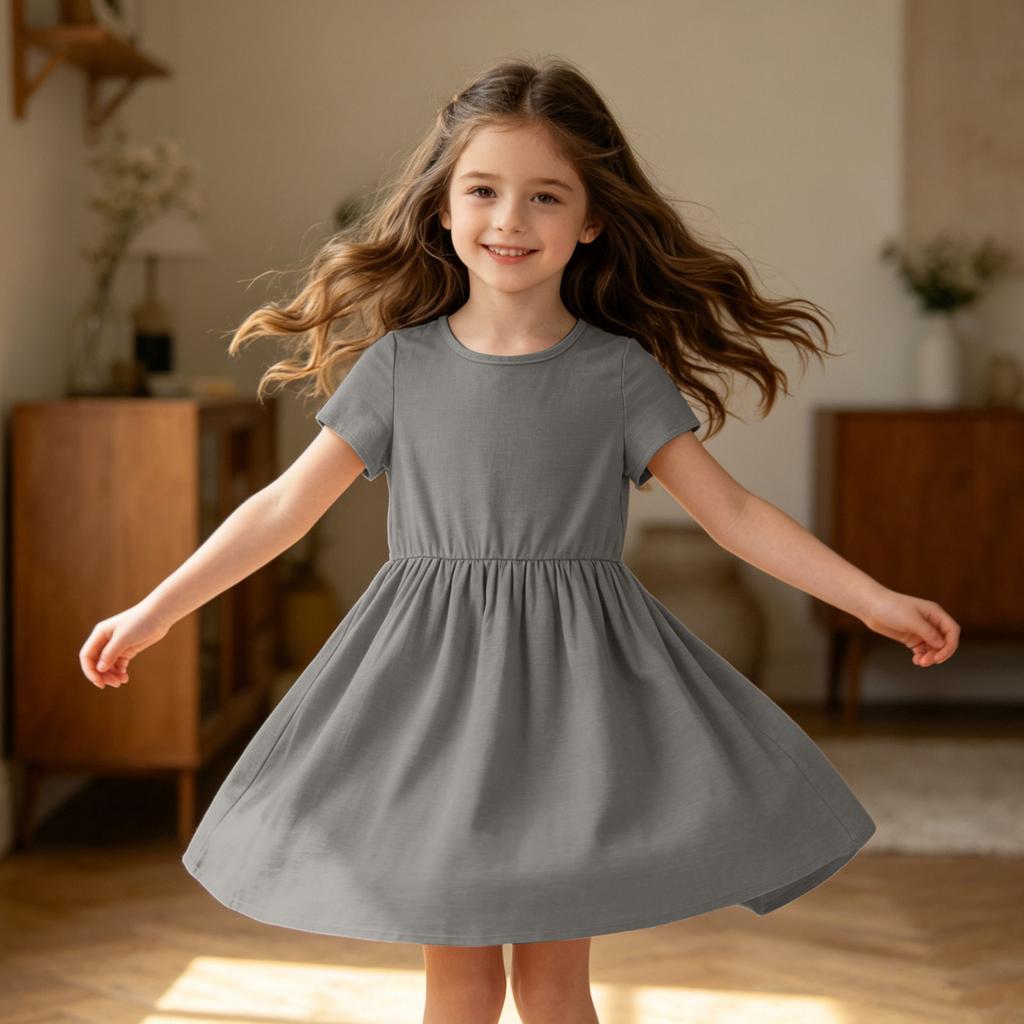 Mädchen Kurzarmkleid Lässig Lockerer Schnitt Atmungsaktive Baumwoll-Leinen-Mischung Sommerkleid mit Raffung in der Taille und Rundhalsausschnitt für den täglichen Gebrauch