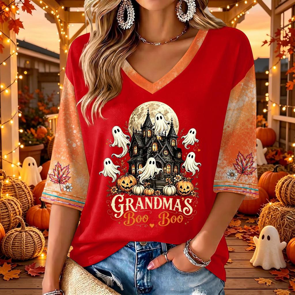 Women's V-Neck Casual Halloween Print Three-Quarter Sleeve Top for Fall Festive Occasions