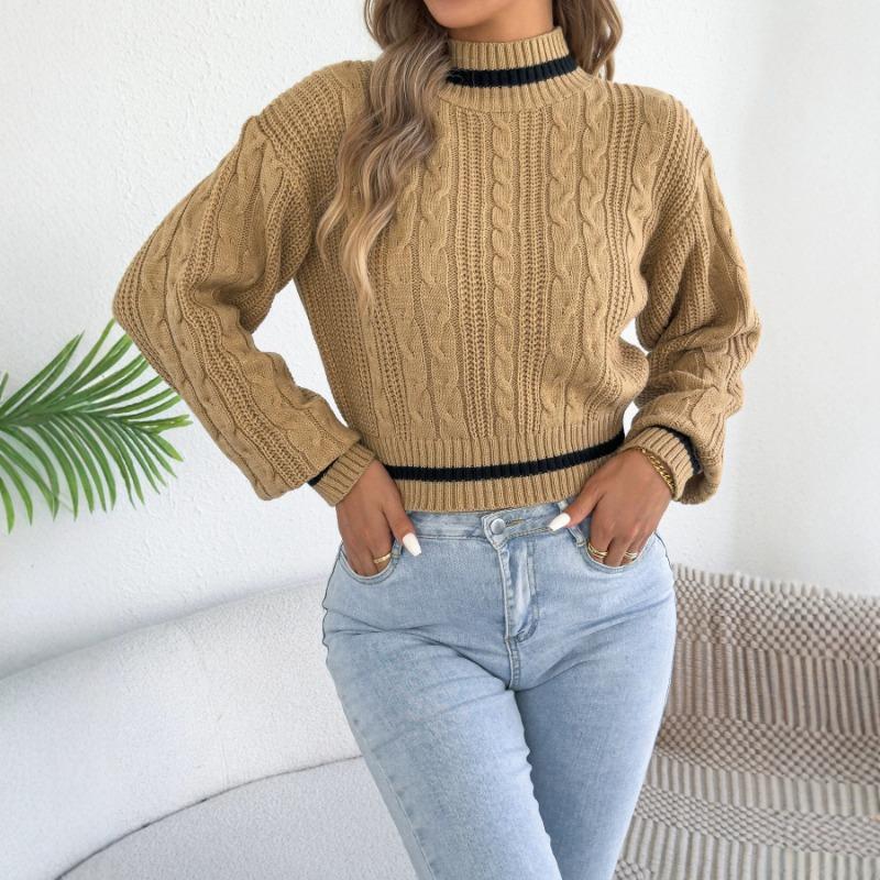 Women S Casual Color Block Half High Neck Waist Tightened Lantern Sleeve Sweater