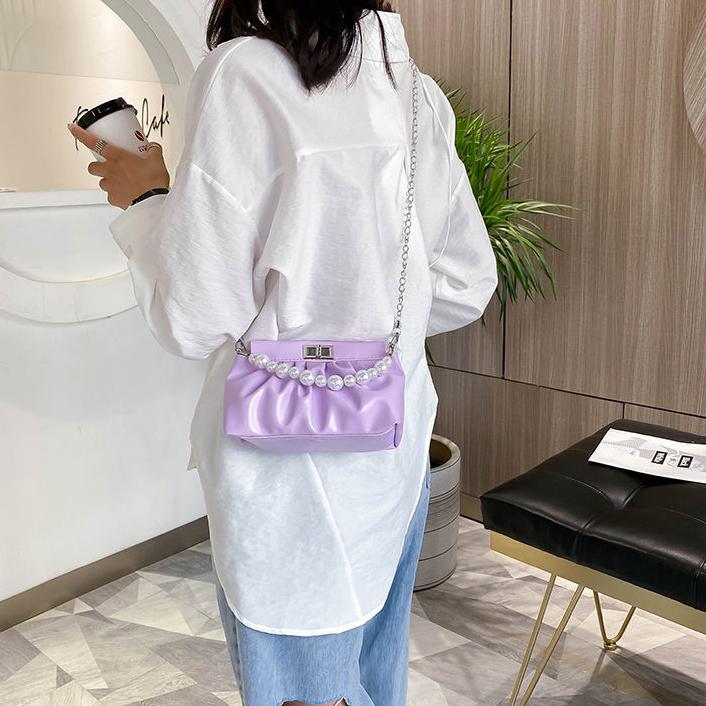 WTEMPO Frauen Vintage Perlen Dekoration Handtasche Weibliche Einfarbig Unterarm Kette Tasche Einzelnen Schulter Party Tasche