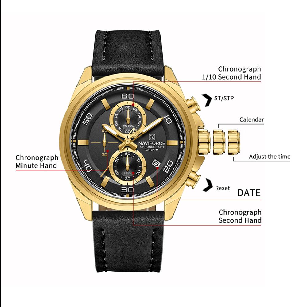NAVIFORCE Men's Leather Watch Stopwatch Chronograph Calendar Luminous Hand Waterproof 3ATM Casual Business Fashion Watch NF8075