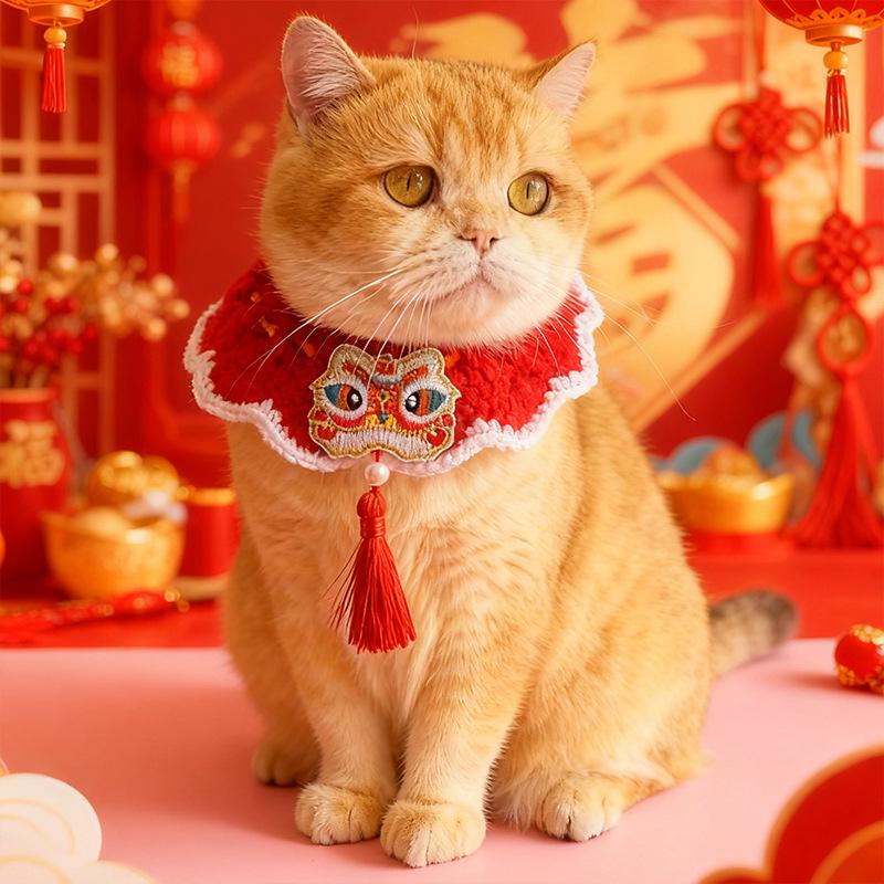 Handmade Knitted Pet Scarf for Chinese New Year with Red Tassels and Fu Character Decoration