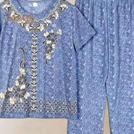 2 Pcs/Set Mid-aged Women Pajamas Set O Neck Embroidery Short Sleeve Plus Size Elastic Waist Pleated Loose Wide Leg Mother Grandmother Sleepwear