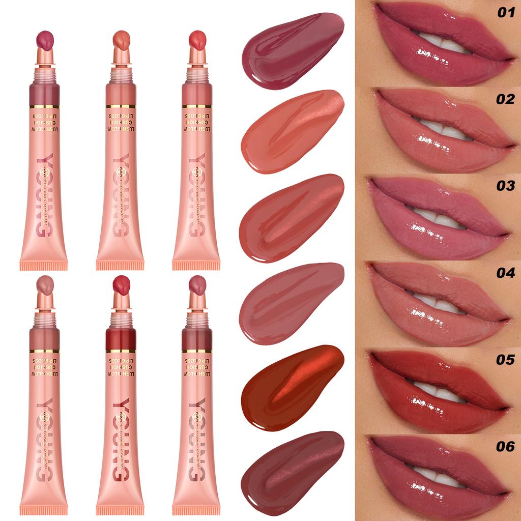 YOUNG VISION 6 Color Liquid Water Brightening Lip Color Plush Brush Head Squeezing Lip Color Moisturizing Lip Glaze