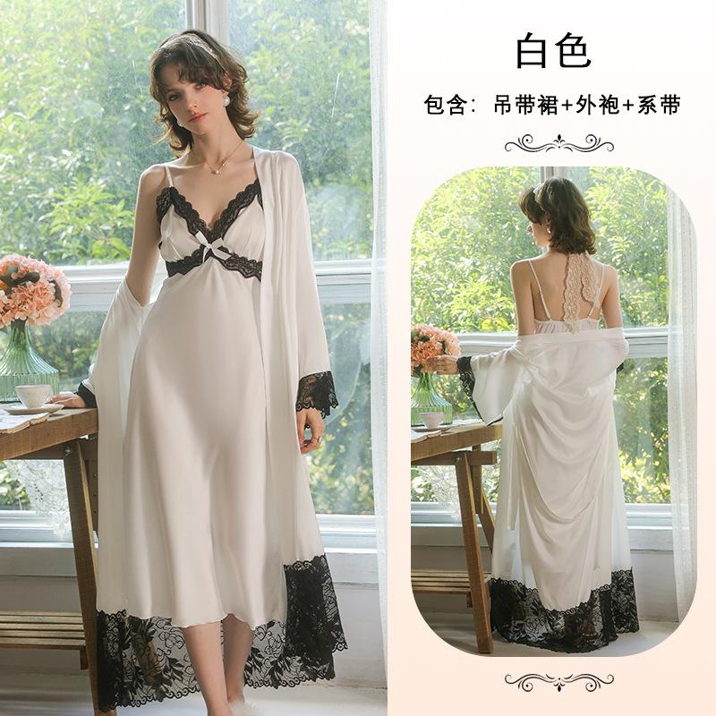 French light luxury satin lace splicing pajama set sexy suspender nightdress cardigan nightgown two-piece set 856 S
