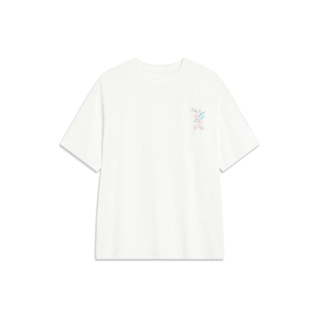 Li-Ning Chinese Culture Series Floral Back Print Round Neck T-Shirt Women Tops Off-White AHST428-1