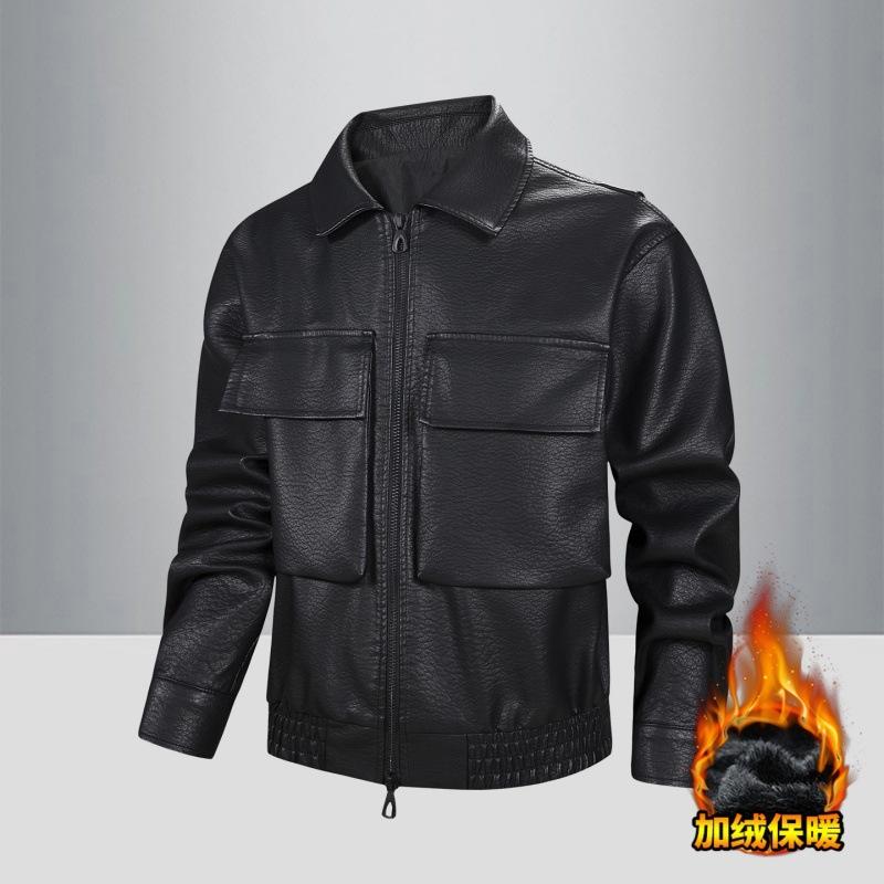 Men's American trendy leather jacket fleece thickened thermal leather jacket multi-pocket PU locomotive jacket
