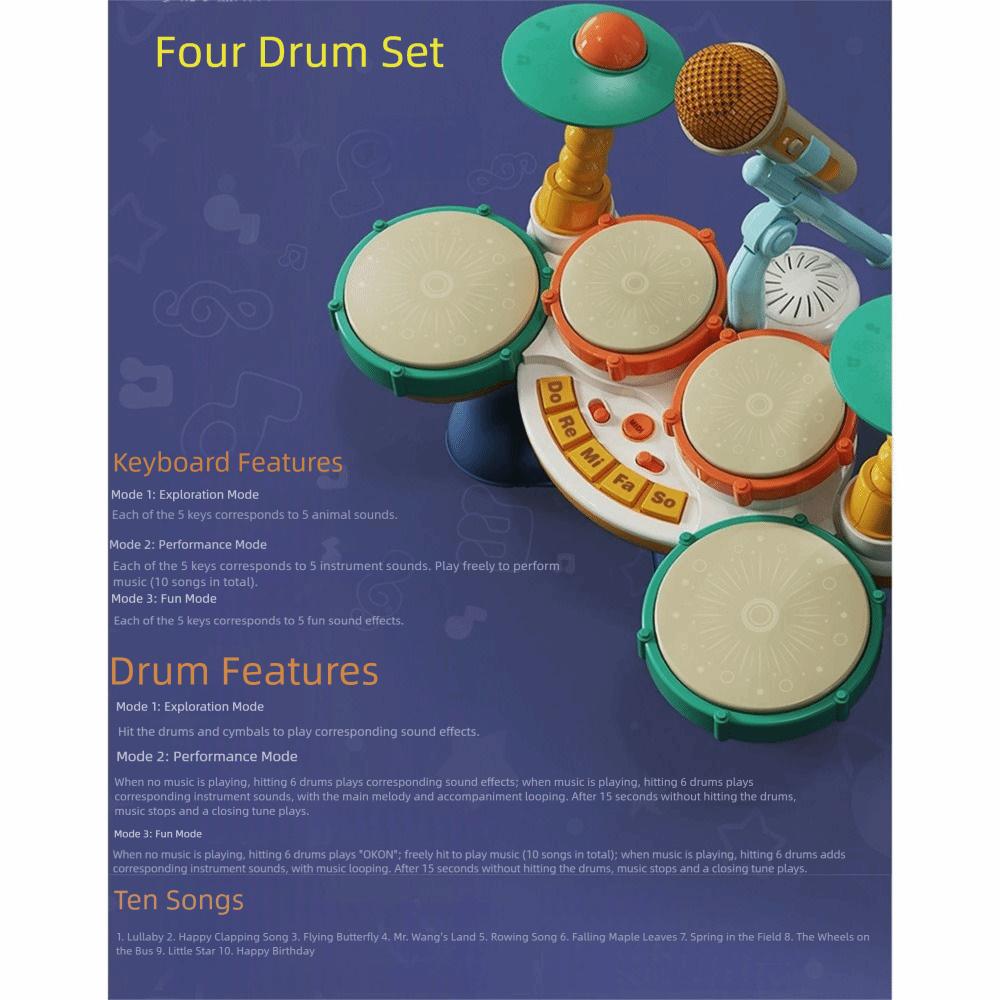 Wear Resistant Jazz Drum Set Toys Light Up Musical Montessori Toys Safe Kids Drum Set  For Toddlers