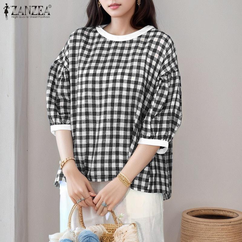 ZANZEA Women Casual Round Neck Half Sleeve Grid Print Blouse
