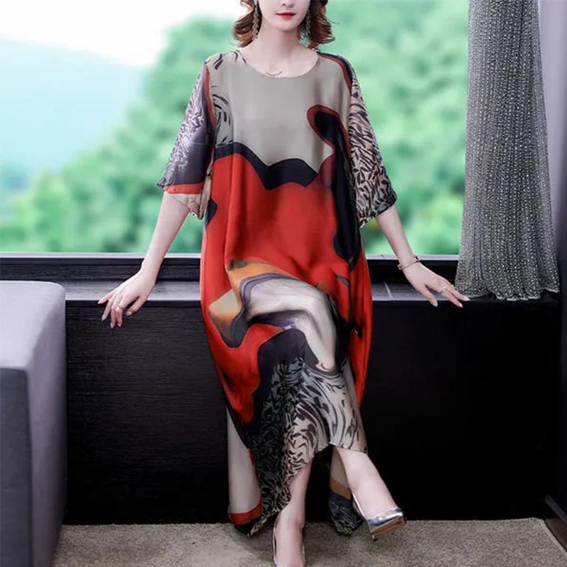 

Plus Ladies Summer Size Print Dress Mid Length Grace Loose Skirt Straight XL червоний