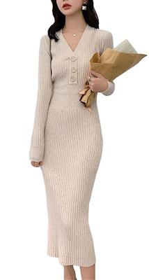 Newsight Knit Tight Long Long Sexy Bodycon Style Women's Dress, Skirt, Sleeves, V-Neck, Cute, Stylish, Off-the-Shoulder, (Beige)