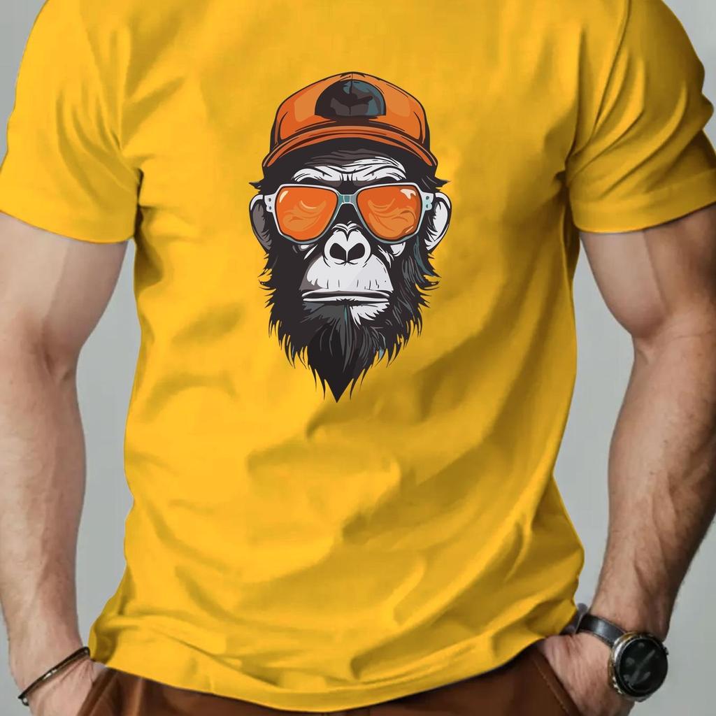 Men's Summer 100% Pure Cotton Fashionable Casual Sports Loose Monkey Pattern Printed Round Neck Short Sleeved T-shirts