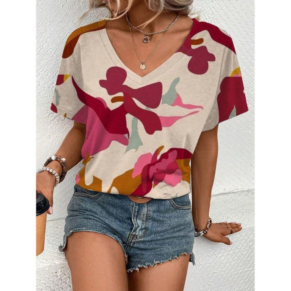 

Модная легкая и удобная уличная элегантная футболка с короткими рукавами и геометрическим графическим принтом, повседневный женский топ с V-образным вырезом XL
