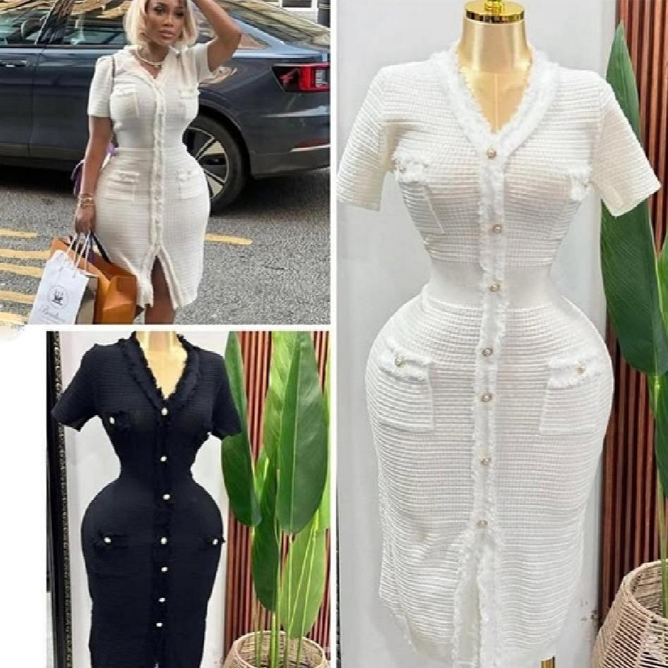 New Summer French Small Fragrant Style Short-Sleeved V-Neck Waist Slim-Fitting Hip-Wrapped Slit Dress
