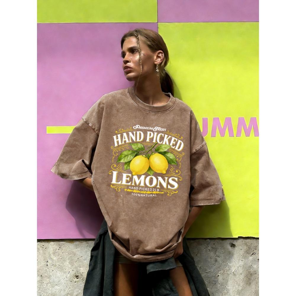 

Hand Picked Fresh Lemons Print Women Washed T-Shirt O-Neck Casual T Shirts Cotton Breathable Clothes Loose Short Sleeves 3XL