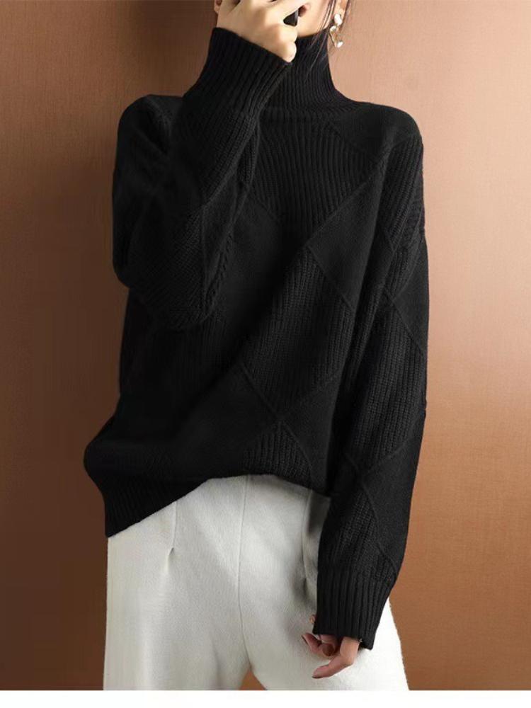 New In Autumn Winter Women Turtleneck Sweaters Full Sleeve Pullovers Spliced Thick Sweater Lozenge Elegant Lady Solid Outwear
