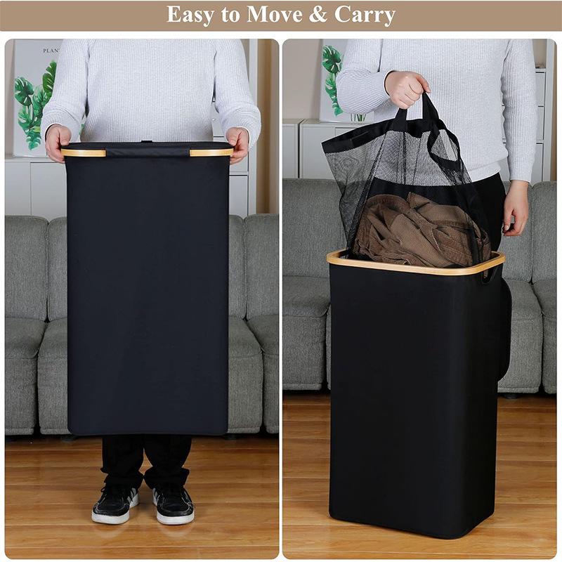 Foldable Bamboo Laundry Basket with Lid and Inner Bag for Bathroom/Bedroom