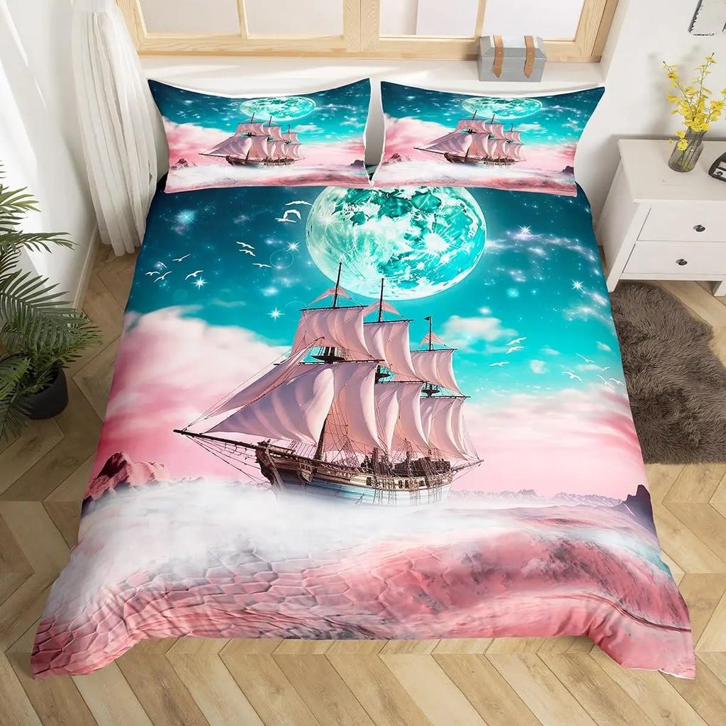 Sailboat Bedding Set Sailing Ship Comforter Cover Ocean Wave Nautical Duvet Cover For Kids Boys Girls Cartoon Ship