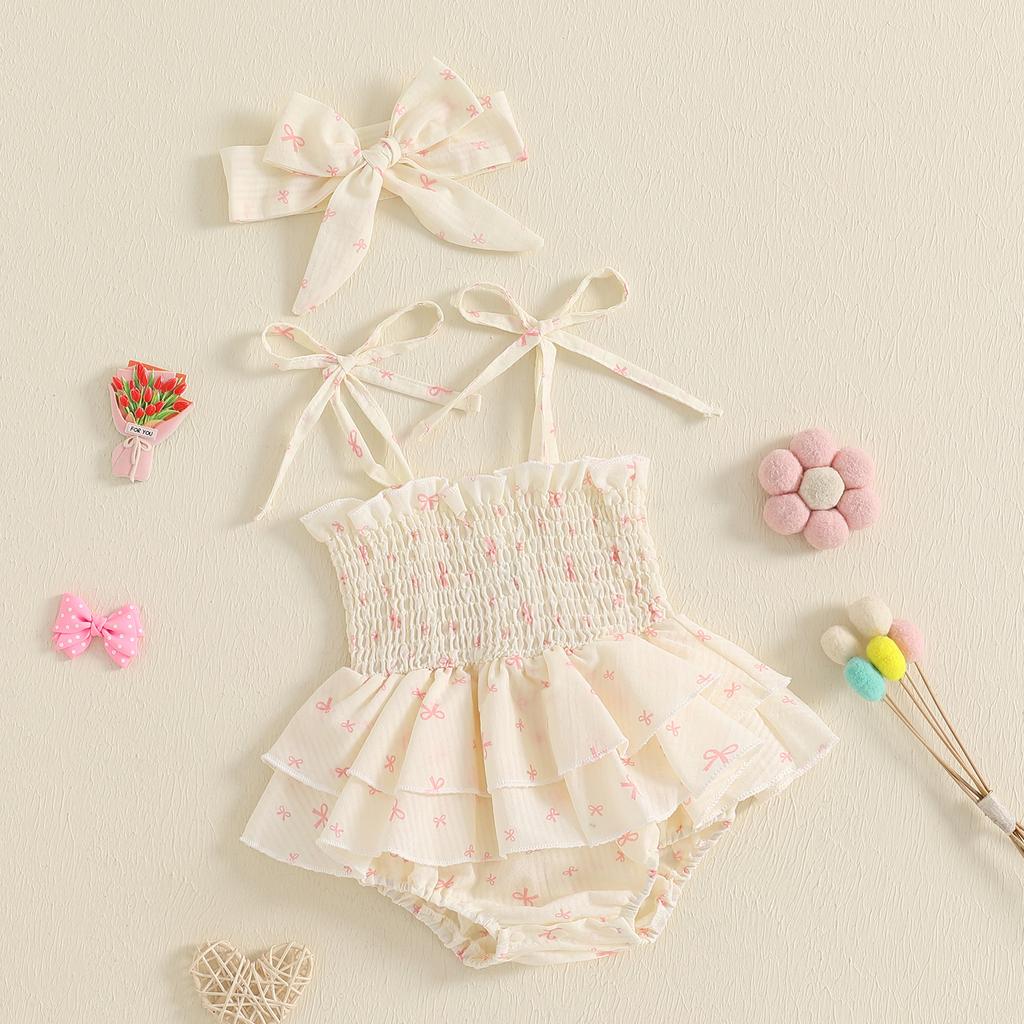 Newborn Girl Outfit, Heart Print Sleeveless Romper Dress with Hairband Summer Clothes