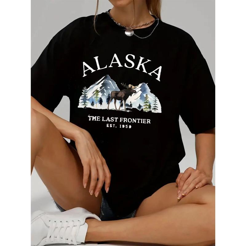 

Alaska T-Shirt for Women Casual Short Sleeve Tee Heavy Cotton - Comfortable Crew Neck, Soft Adorable Tees Tops 4XL чорний