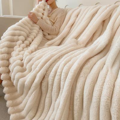Furry Throw Blanket Cozy Plush Solid Color Fluffy Thick Striped Bubble Blanket Warm Blanket for Couch