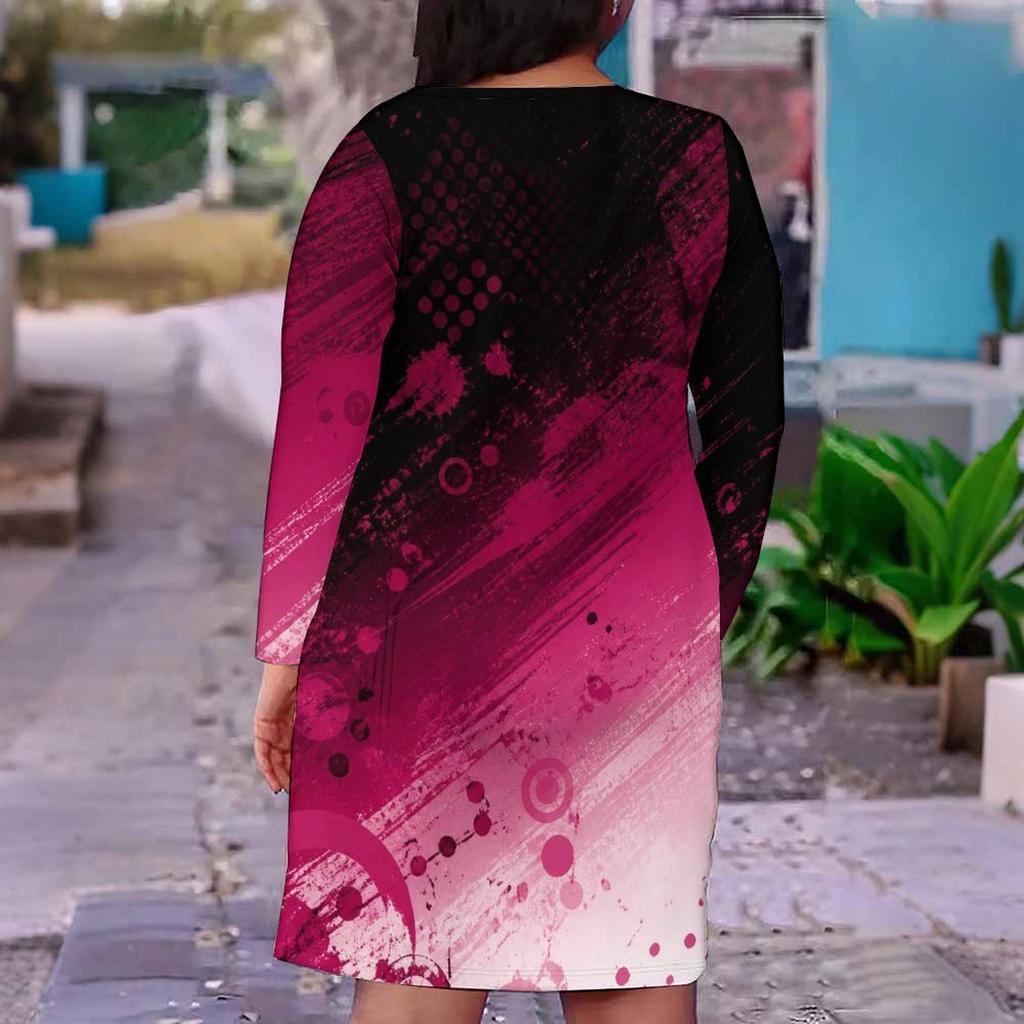 Damen Übergröße V-Ausschnitt Langarm Bedrucktes Figurbetontes Midi-Kleid Schwarz Rosa Farbverlauf