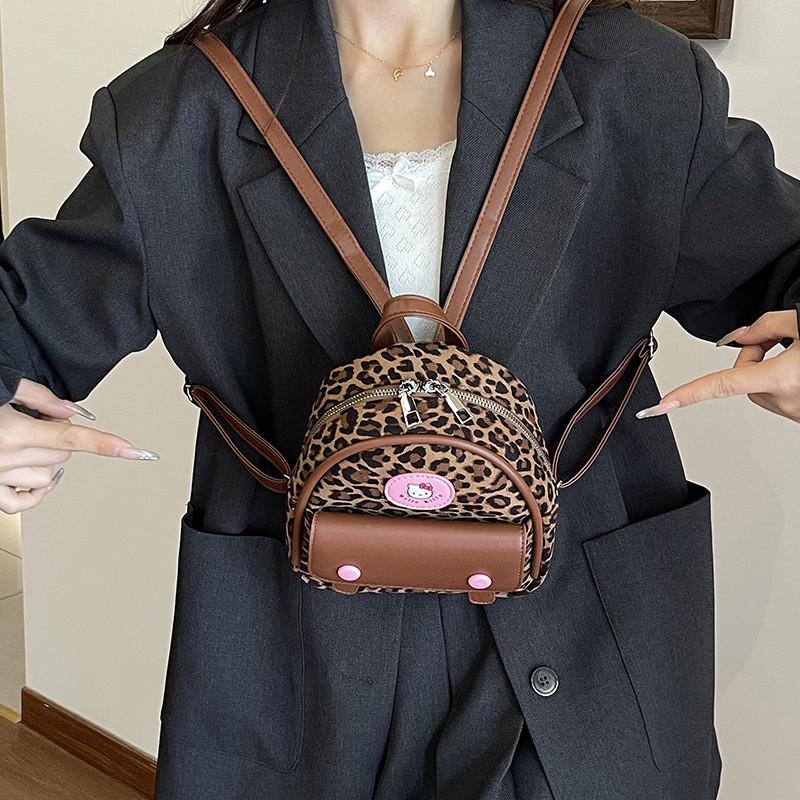 Hello Kitty Fashion Leopard Print Mini Backpack With Zipper Closure For Daily Use