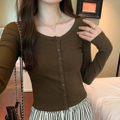 Hot Girl Kurzarm-Langarm-T-Shirt Damen Herbst Neu Strickjacke Top Schlankmachend Slim Rundhals Vielseitiges Basic-Shirt