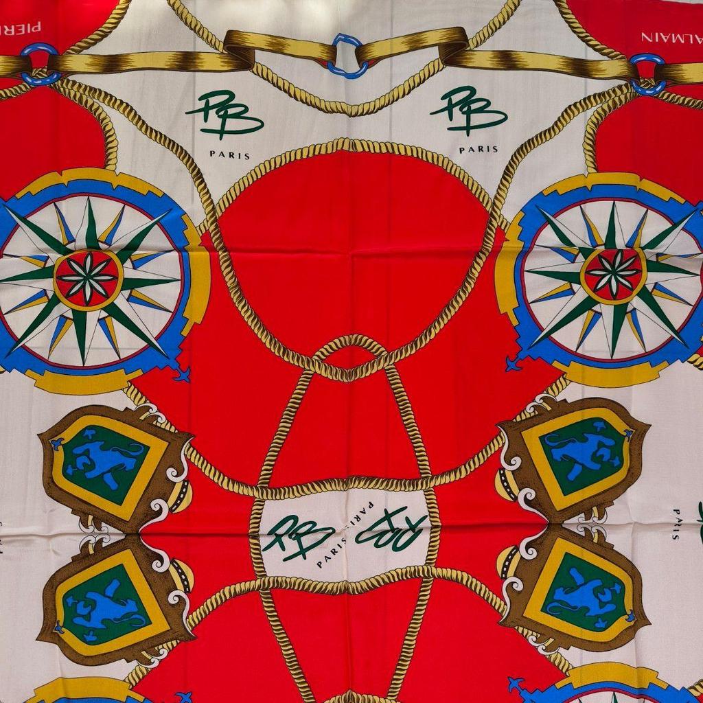 Used [Unused] PIERRE BALMAIN Large Silk Scarf Rope Pattern Red Pierre Balmain Large Scarf Red Equestrian Pattern