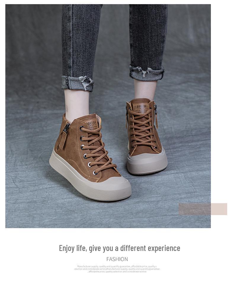 Women's High-Top Leather Retro Sneakers, Plus Velvet, Autumn 2023, Sizes 40-43.