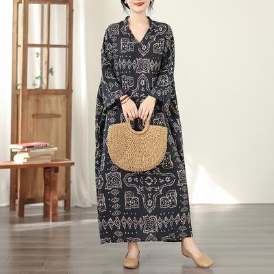 DIMANAF New Plus Size Women Spring Summer Long Dress Loose Basic Vintage Oversize Long Sleeve Maxi Floral 2026