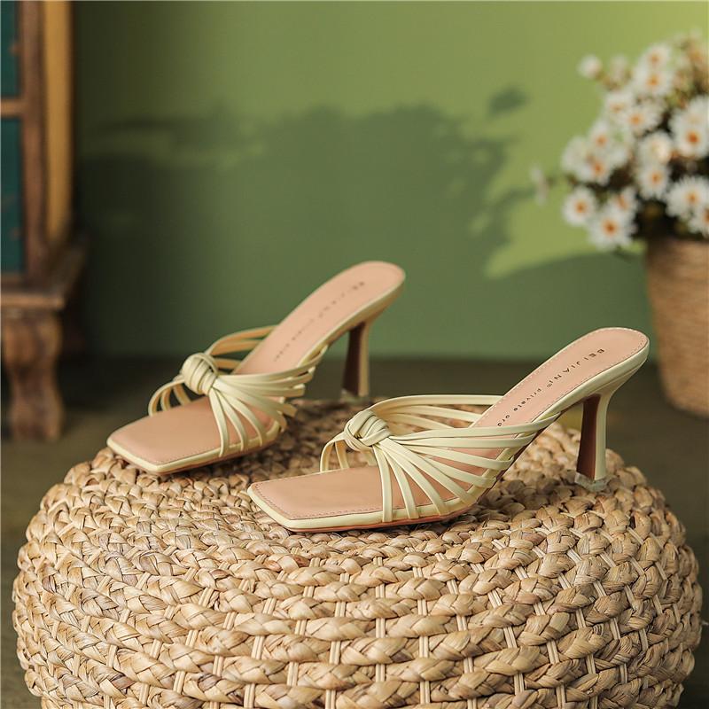 

New retro literary outer wear cool slippers woven belt kink square toe hollow word sandals 39 светло-желтого