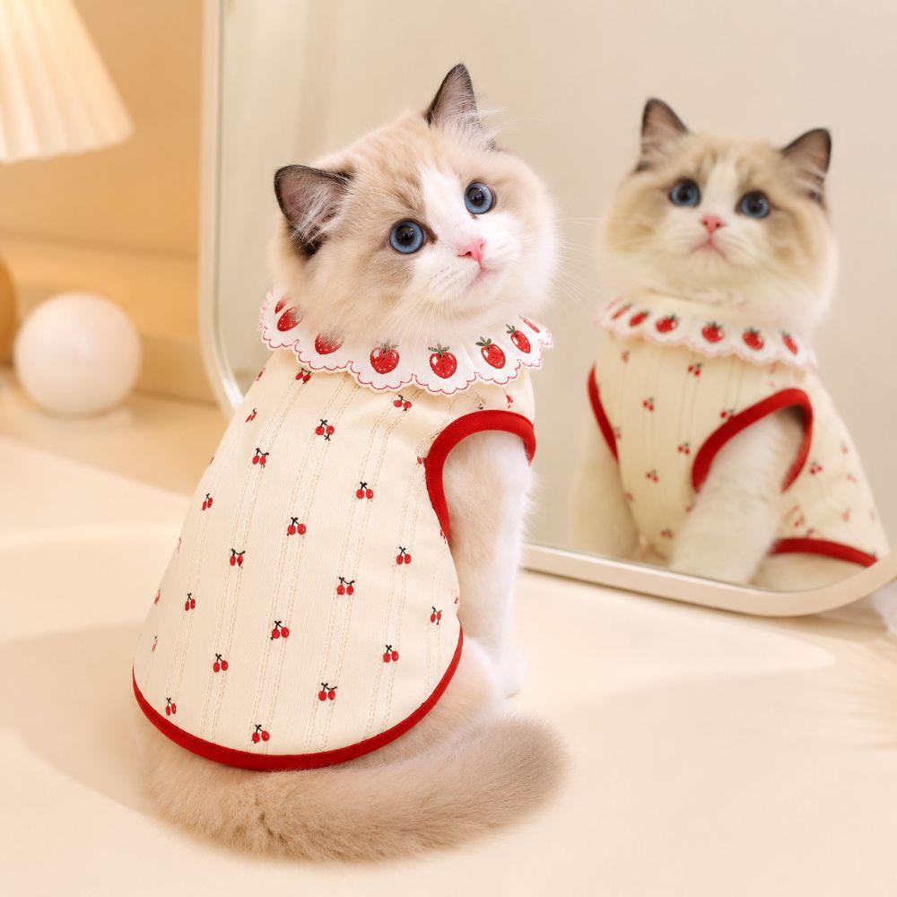 Thin Cat Flower Edge Vest Cherry Pattern Pet Shirt Cute Cat Pullover  Pet Clothing