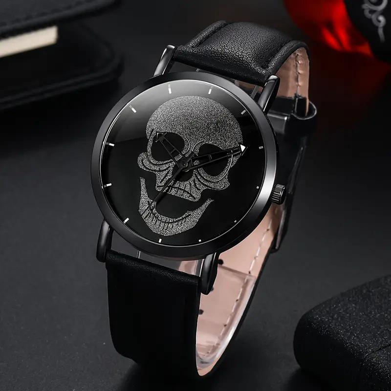 Black Skull Dial Quartz Watch & Bracelet Set (3-Piece)