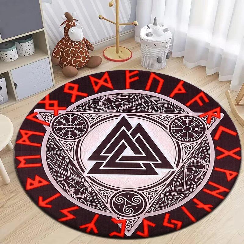 Viking Inspired Round Rug with Norse Symbols and Celtic Patterns Floor Mat for Nordic Decor Adding Mystic Ancient Charm